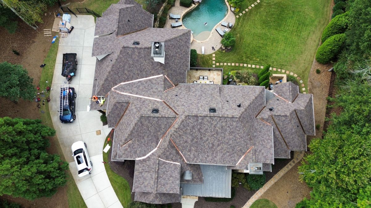 Aerial overview of completed CertainTeed Presidential Autumn Blend roof