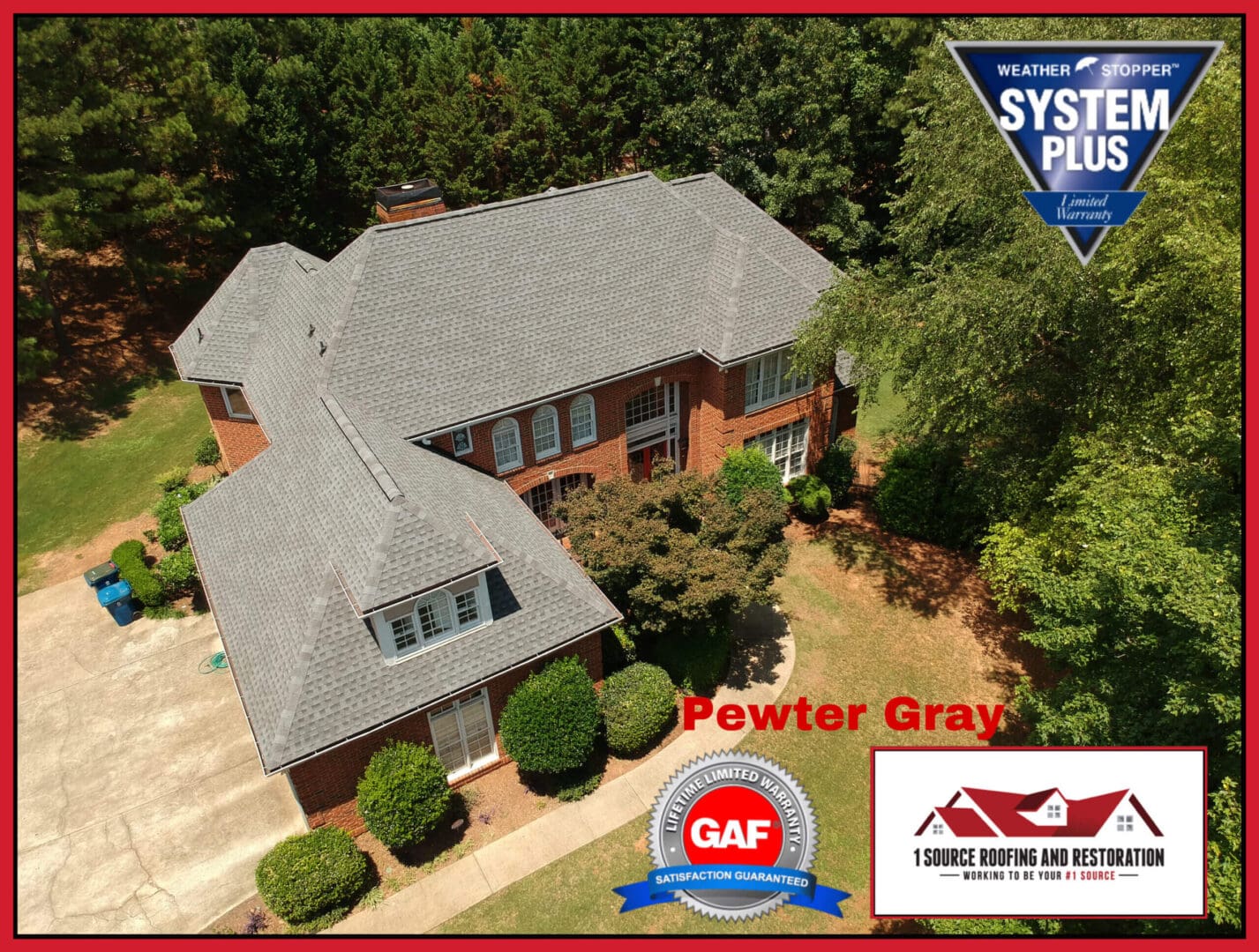 Aerial view of house with pewter gray roof.